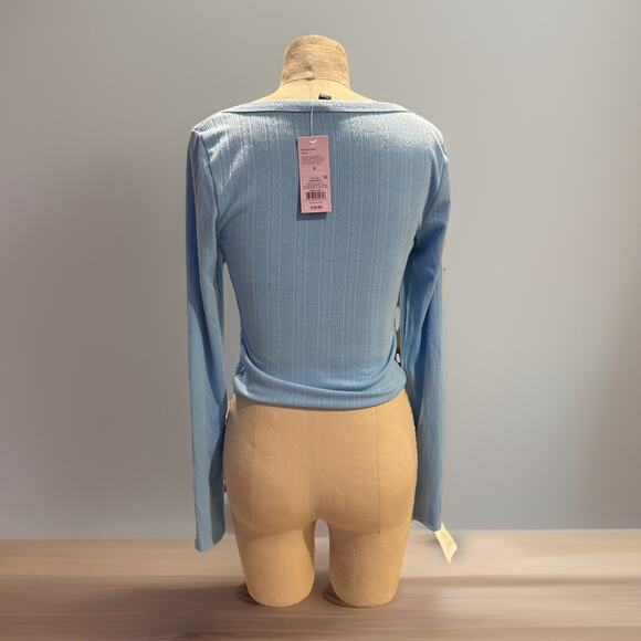 Wild Fable Women Small Trendy Square Neck Blue Long Sleeve Pointelle Shirt New - Picture 2 of 8